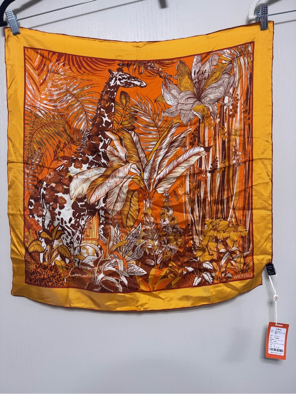 Wensli silk Orange Botanical Giraffe Wall Scarf